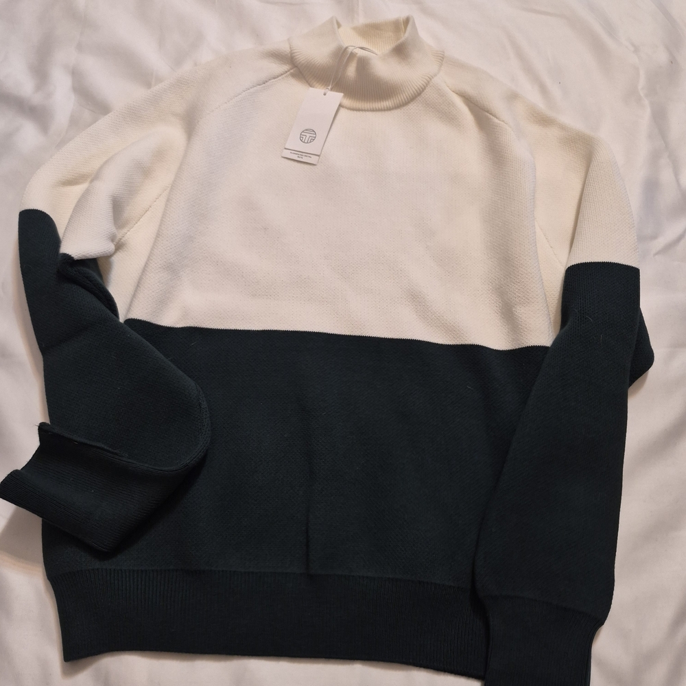 Tory Sport Cream and Dark Green Colorblock Turtleneck Sweater